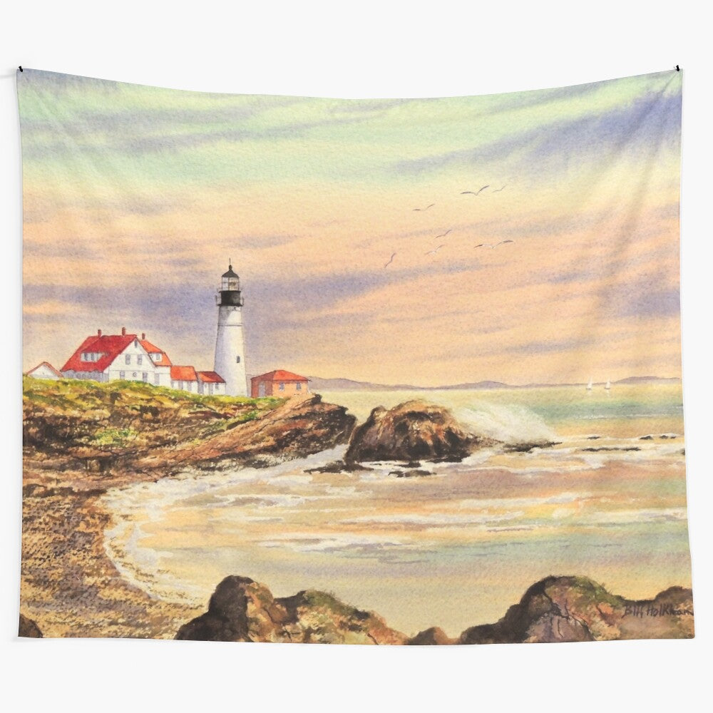 Tapestry featuring the iconic Portland Head Lighthouse on the rocky coast of Maine