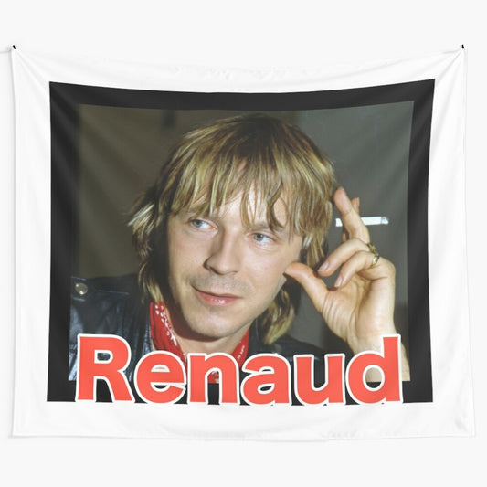 Vibrant tapestry depicting renowned French singer Renaud and his iconic guitar