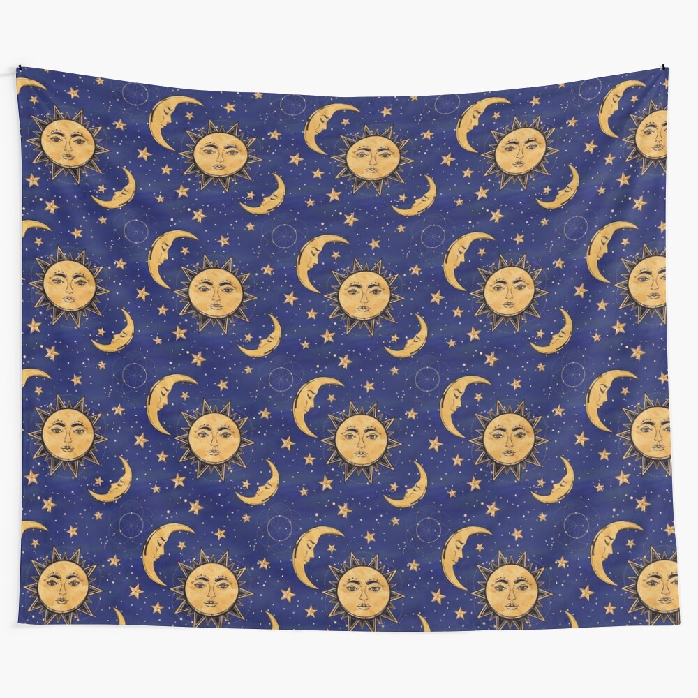 Vintage celestial tapestry featuring a moon and sun design with stars