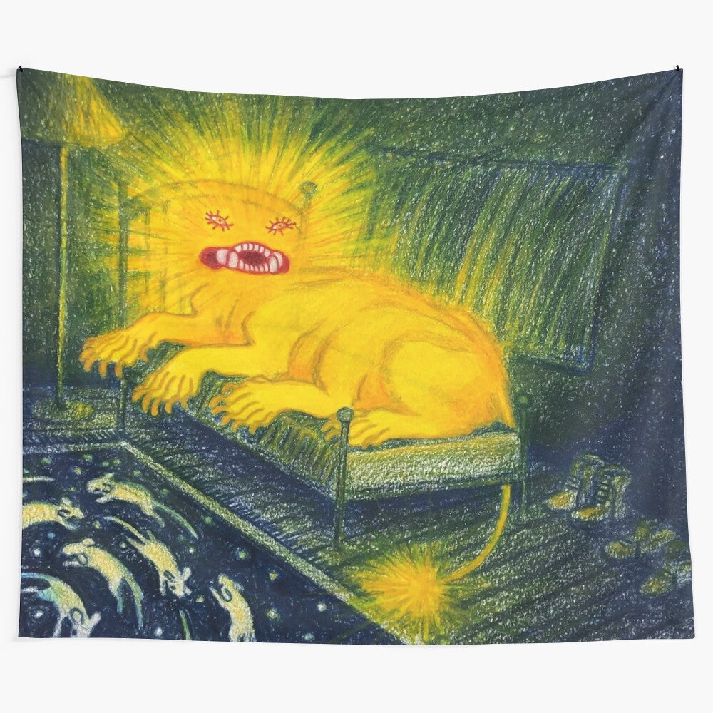 Surreal colored pencil illustration of an angel figure perched on a bed