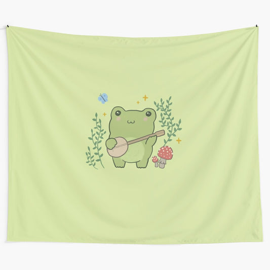 Kawaii frog playing banjo on a cottagecore aesthetic tapestry with mushrooms and a blue butterfly