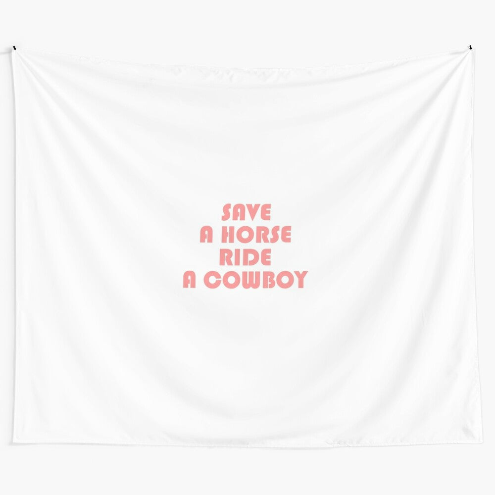 Vintage "Save a Horse, Ride Cowboy" tapestry featuring a classic western cowboy design