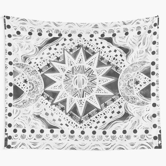 Cosmic black light tapestry featuring hand-drawn sun, moon, and stars design