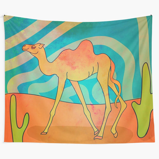 Colorful desert tapestry with camels and trippy design