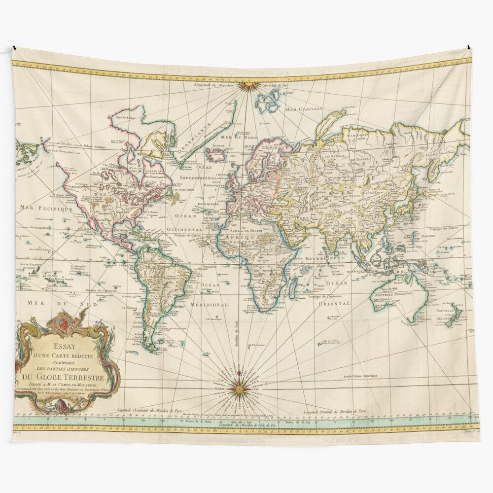 Vintage-style world map tapestry featuring an antique-inspired cartographic design