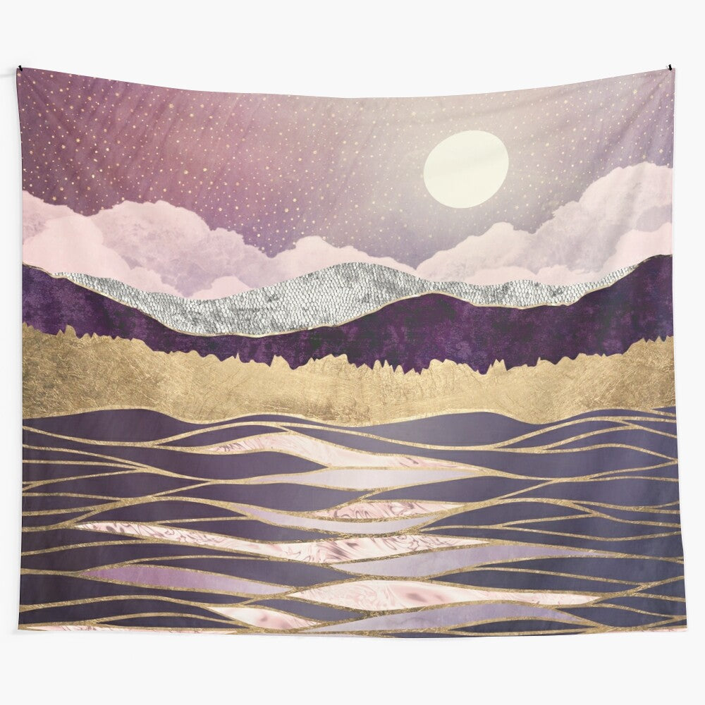 Glowing Celestial Tapestry with Lunar Waves and Starry Night Landscape