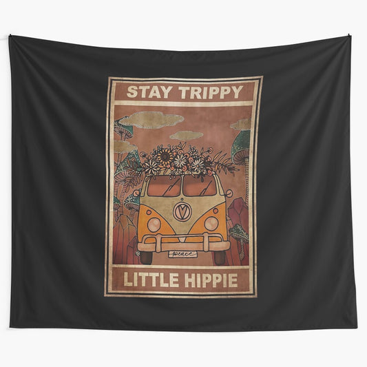 Colorful psychedelic hippie tapestry with a trippy design for bohemian home decor