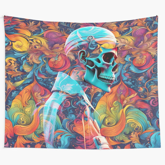 Colorful psychedelic skull tapestry with a trippy, celestial design