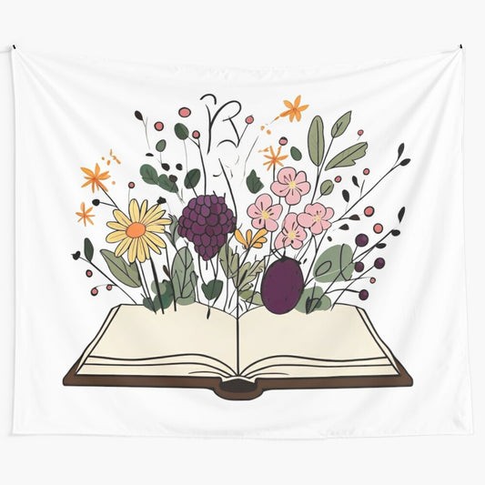 Blossoming book of ideas tapestry with open book, flowers, and plants