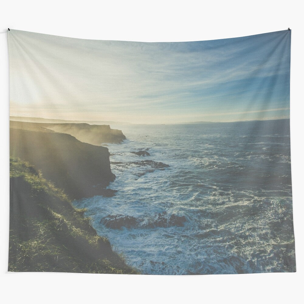 Coastal-themed tapestry featuring blue and turquoise hues, perfect for beach-inspired home and dorm room decor