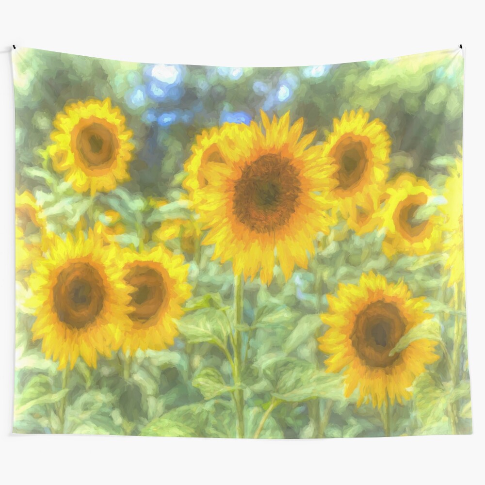 Watercolor sunflower tapestry with impressionistic and solarized design