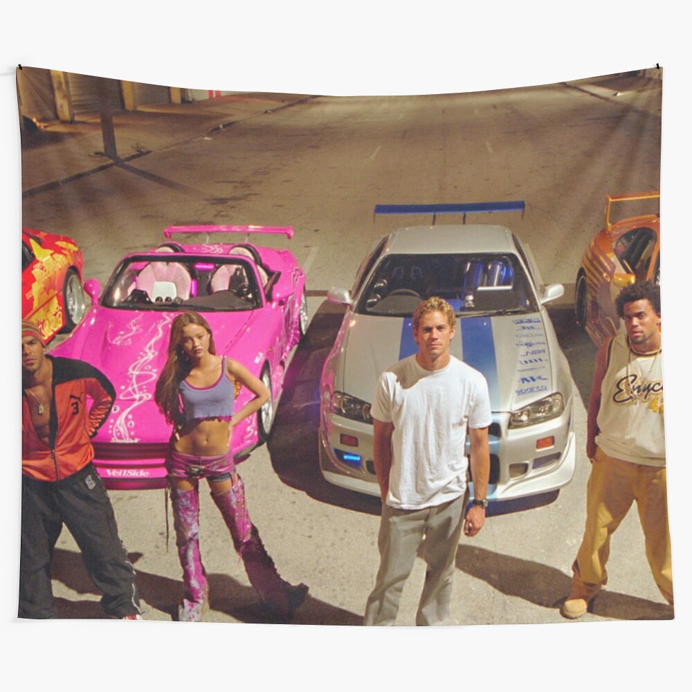 Retro-inspired tapestry featuring a fast and furious race car scene