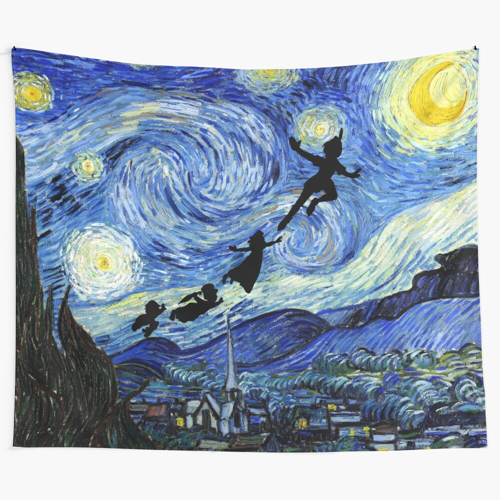 Peter Pan silhouette against a starry night sky inspired by Vincent Van Gogh's Impressionist painting