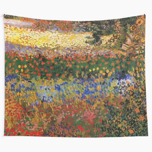 Colorful tapestry featuring Van Gogh's iconic "Garden in Bloom, Arles" painting