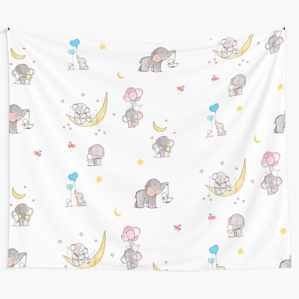 Baby elephant, bunny, and other adorable animals in a whimsical collage tapestry for nursery or baby's room