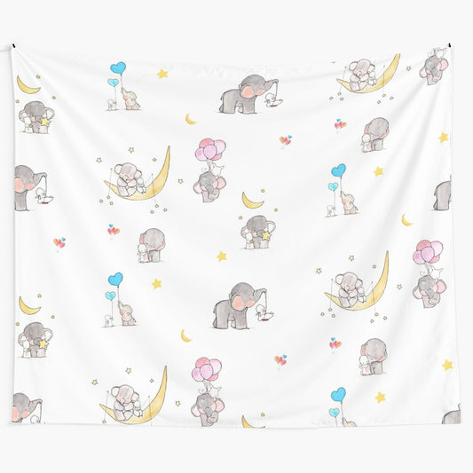 Baby elephant, bunny, and other adorable animals in a whimsical collage tapestry for nursery or baby's room