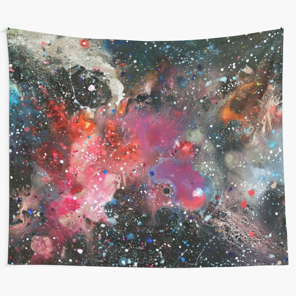 Vibrant, cosmic abstract art tapestry featuring a galaxy, nebula, and splash of colors