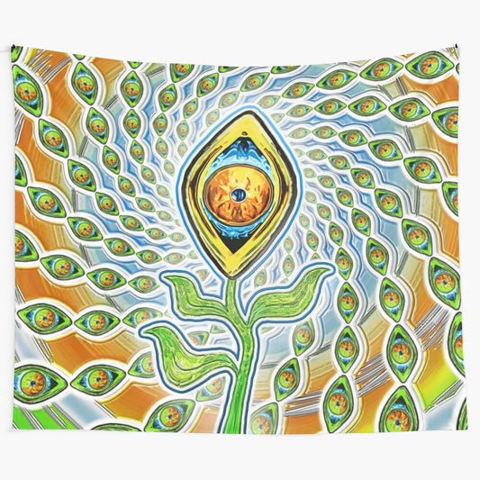 Psychedelic surreal abstract tapestry with eye and green spiral design