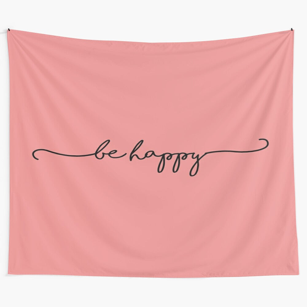 "Be Happy" inspirational tapestry with cursive lettering and blue background