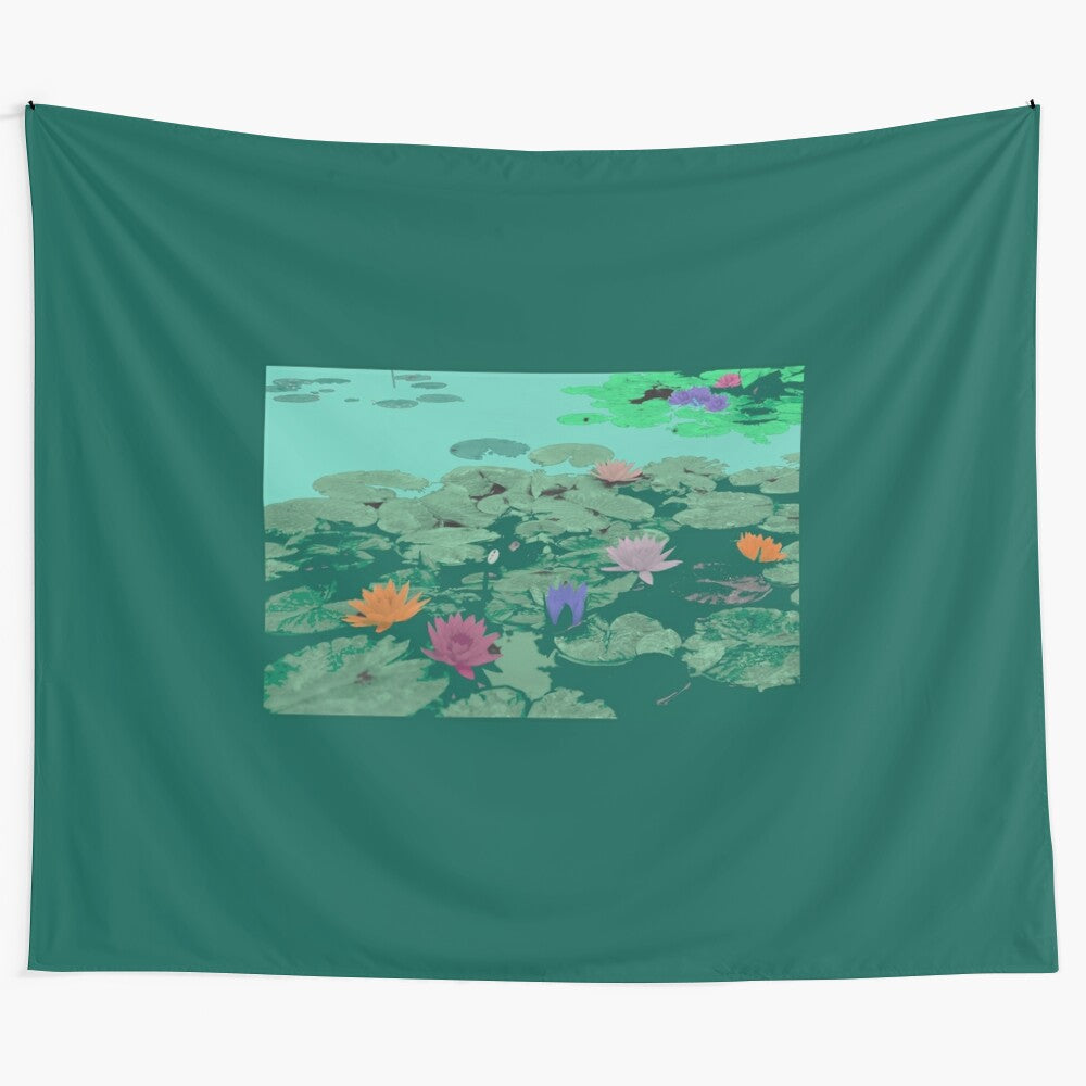 Vibrant abstract tapestry featuring dreamlike water lilies and serene pond scene