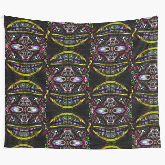 Colorful abstract tiki tapestry with psychedelic, trippy patterns