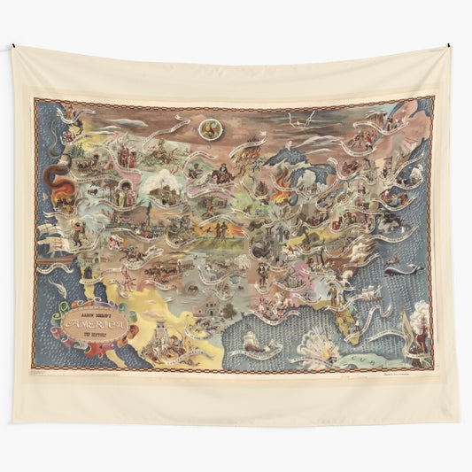 Vintage tapestry featuring Bohrod's detailed historical map of the United States from 1946