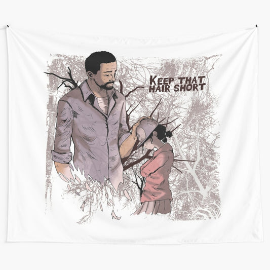 Walking Dead-inspired tapestry featuring characters Lee and Clementine