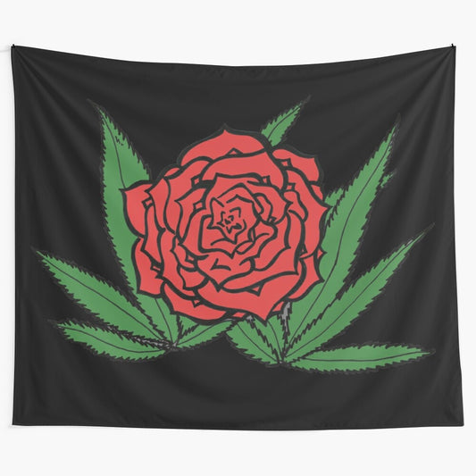 Trippy psychedelic rose tapestry with marijuana-inspired design