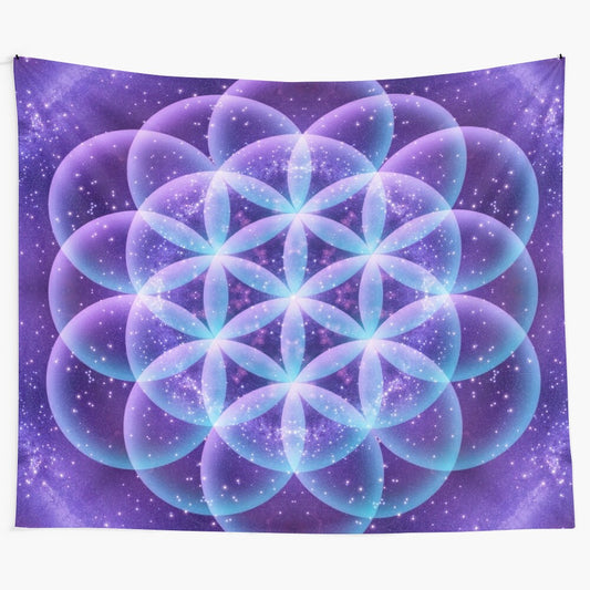 Flower of life tapestry featuring sacred geometry and psychedelic design