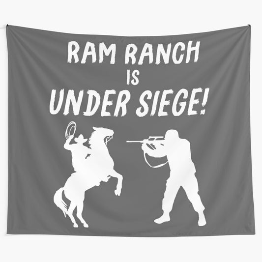 Satirical "Ram Ranch" inspired tapestry with humorous, ironic, and meme-like imagery