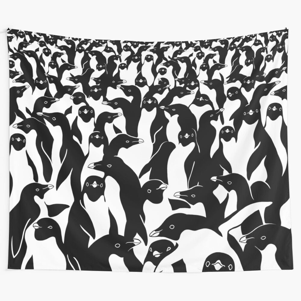 Elegant black and white penguin tapestry with a captivating camo pattern design