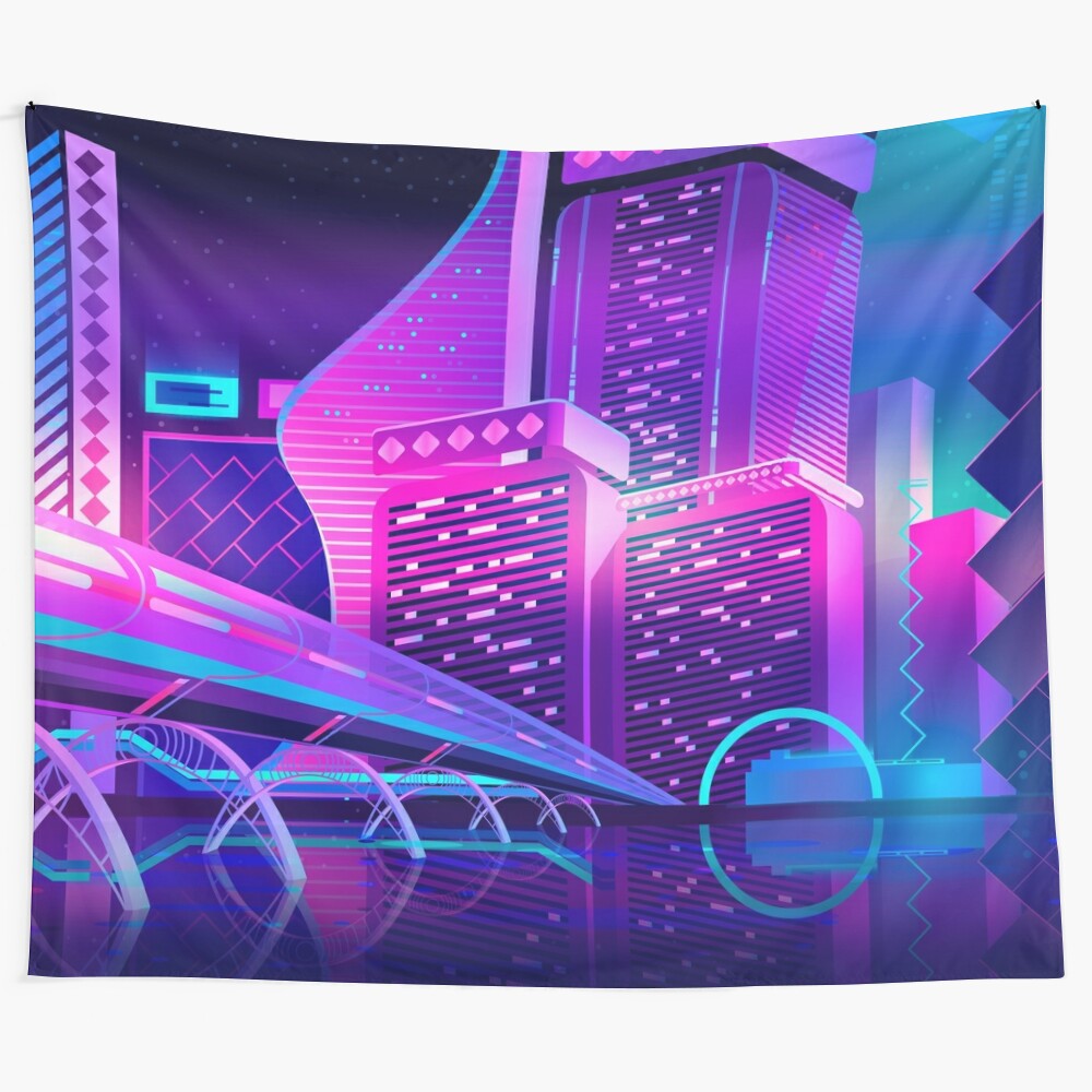 Synthwave neon city tapestry with retro, vaporwave-inspired design