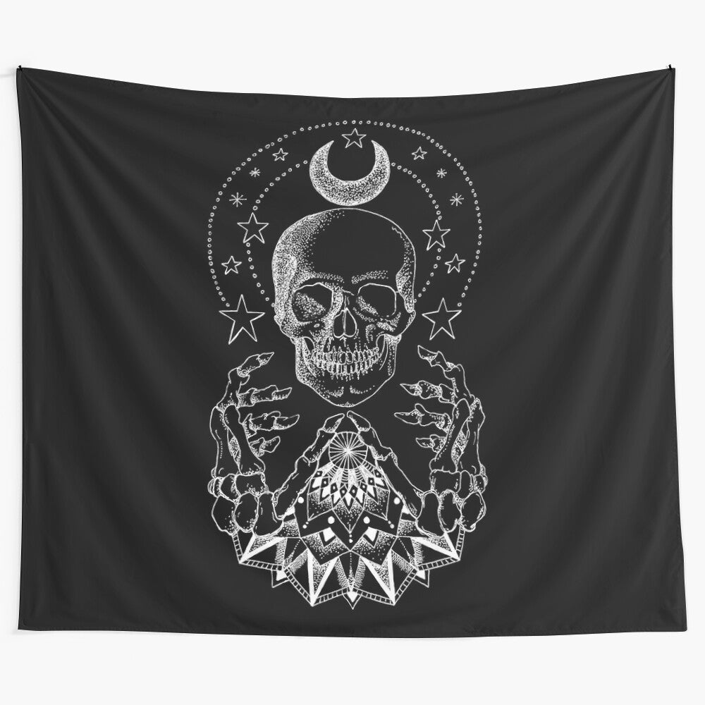 Detailed black and white skull mandala tapestry with intricate hand-drawn design