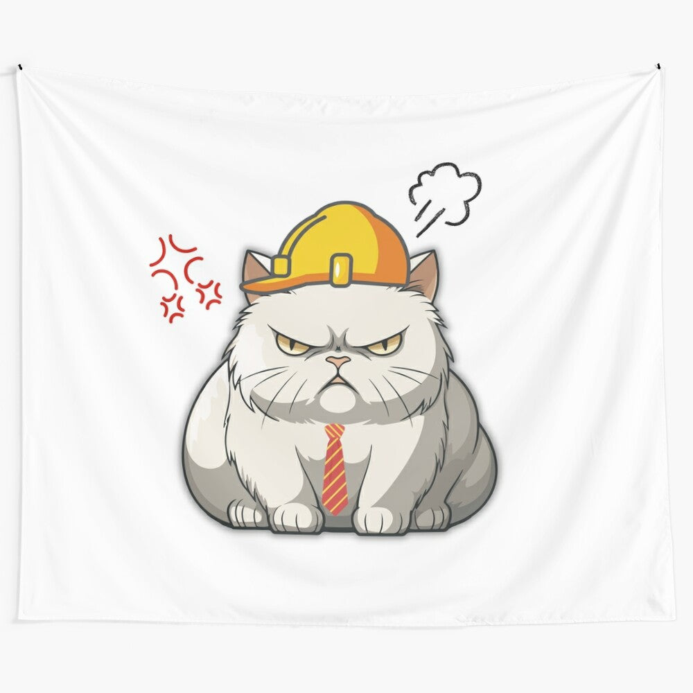 Angry cat in various occupations such as firefighter, employee, and boss