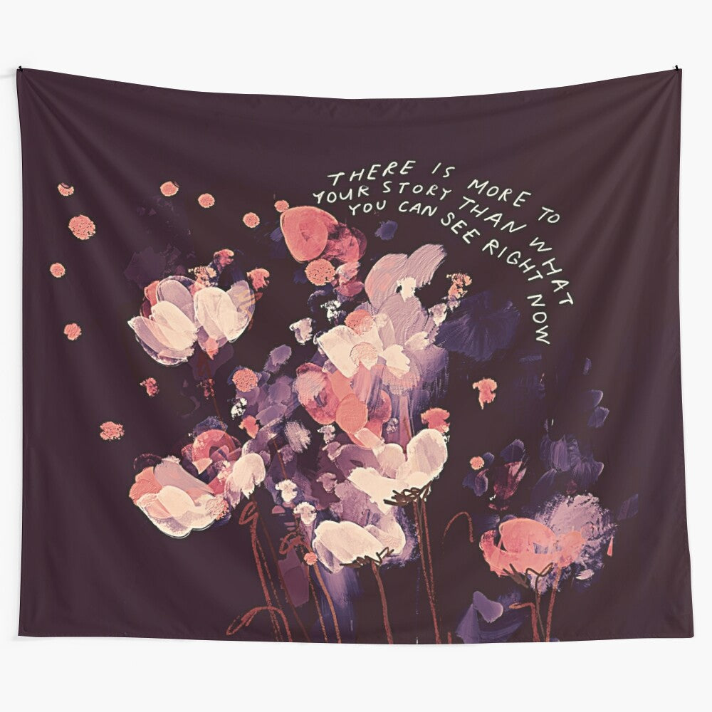 Inspirational floral wall art with motivational quote and abstract pink and purple flowers