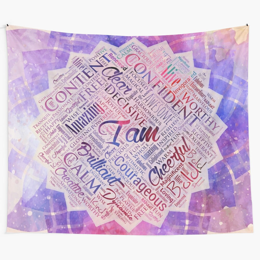 Affirmations word cloud art lotus tapestry for inspirational wall decor