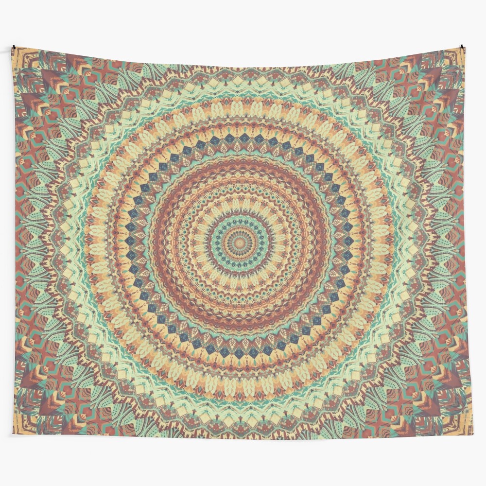 Vibrant colorful mandala tapestry featuring sacred geometry and floral patterns