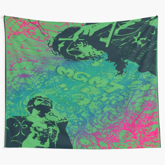 Vibrant psychedelic tapestry with colorful abstract patterns, inspired by indie music