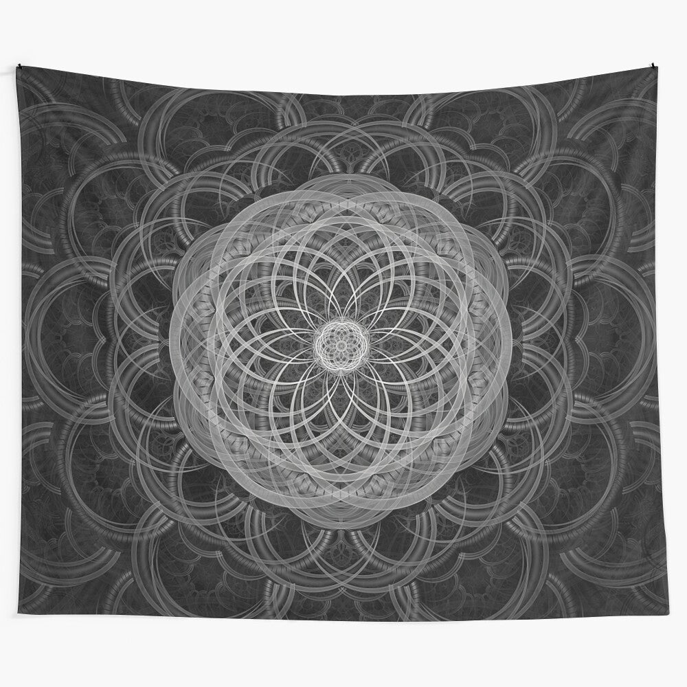 Geometric black and white abstract mandala tapestry wall art