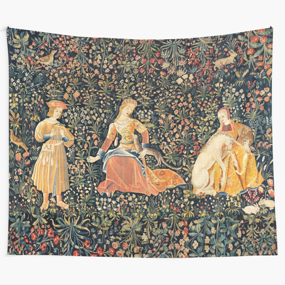 Stunning medieval tapestry featuring a lady, unicorn, and various forest creatures in a lush floral setting