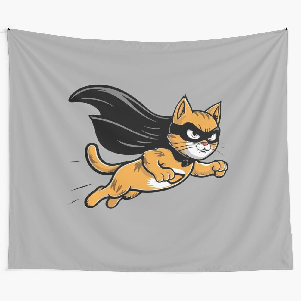 Superhero cat tapestry featuring an orange tabby feline in a masked costume