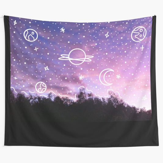 Colorful galaxy and celestial doodle design tapestry