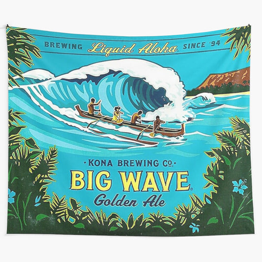 Big wave tapestry featuring a scenic ocean view and surfer riding a wave in Kona, Hawaii