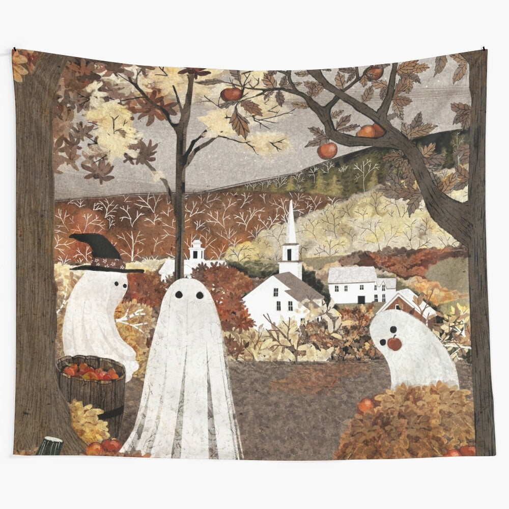 Apple orchard tapestry featuring a spooky, haunted forest landscape in autumn