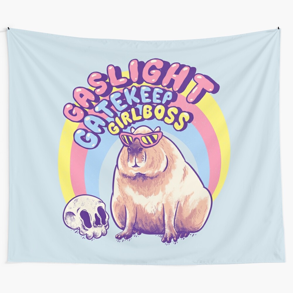 Capybara Gaslight Gatekeep Girlboss Tapestry with Funny Capy Memes & Christmas Designs