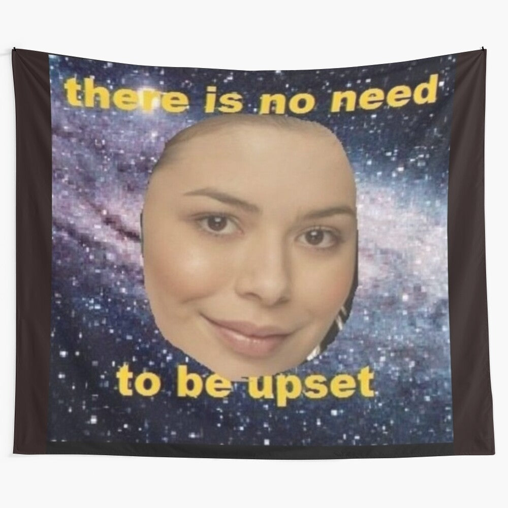 Tapestry featuring the "There's No Need to Be Upset" meme with Miranda Cosgrove from iCarly