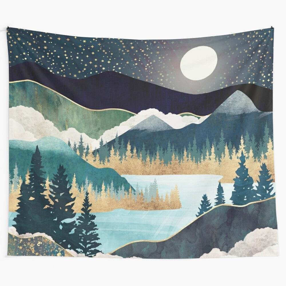 Serene star lake landscape tapestry with mountains, forests, and a starry night sky