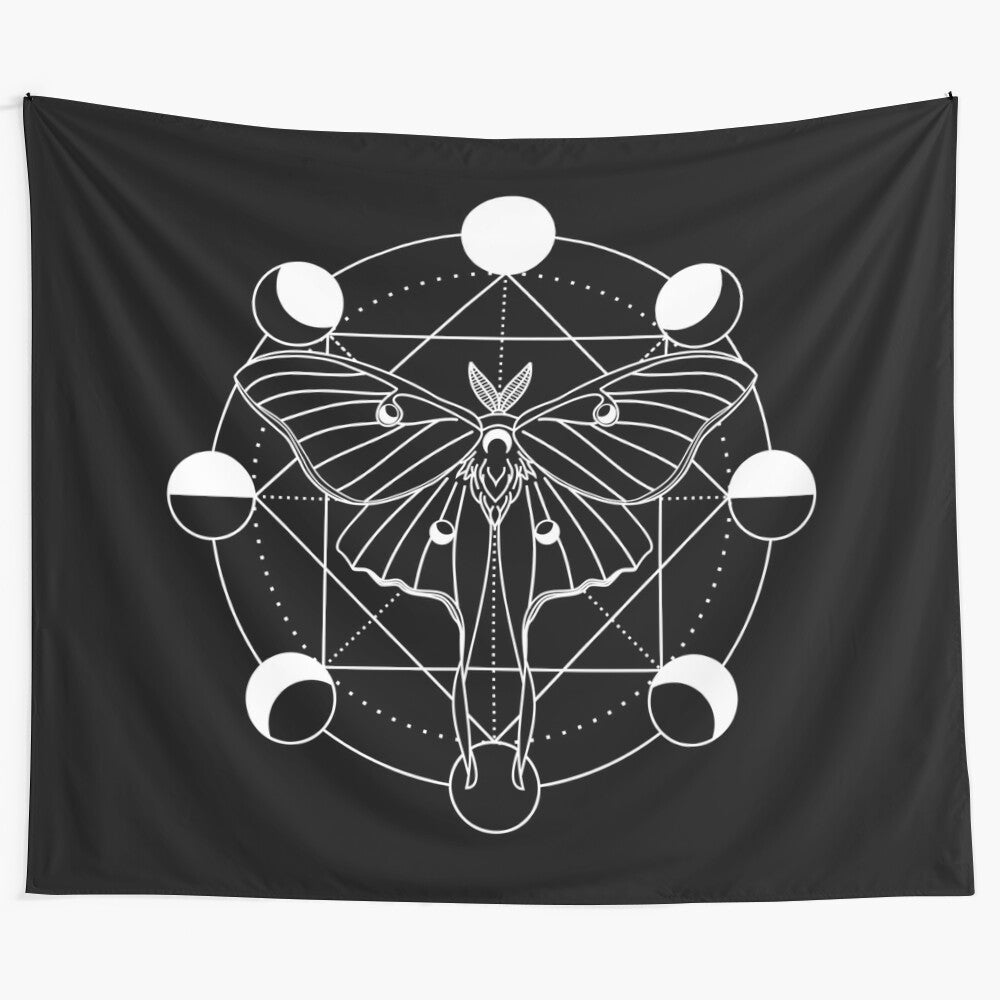 Luna moth tapestry with phases of the moon and sacred geometry against a starry night sky