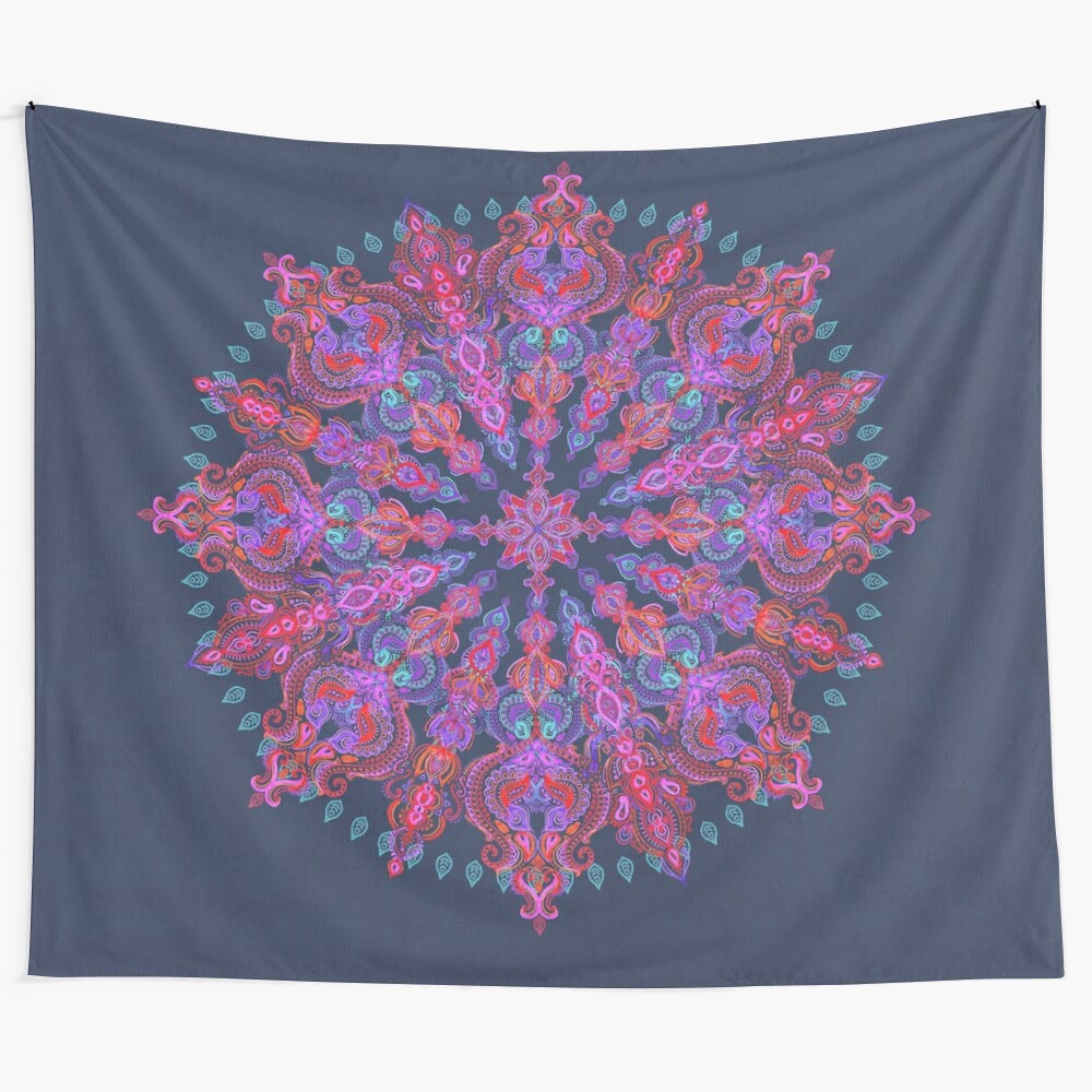 Colorful bohemian tapestry with a doodle floral and mandala pattern in navy, pink, purple, blue, and aqua