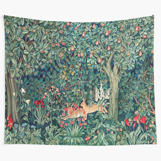 Greenery and forest animals tapestry featuring hares and floral designs